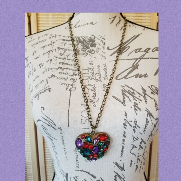 Vintage Bronze Jeweltone Heart Statement Necklace, Red, Purple, Teal Green Multi - Picture 2 of 4